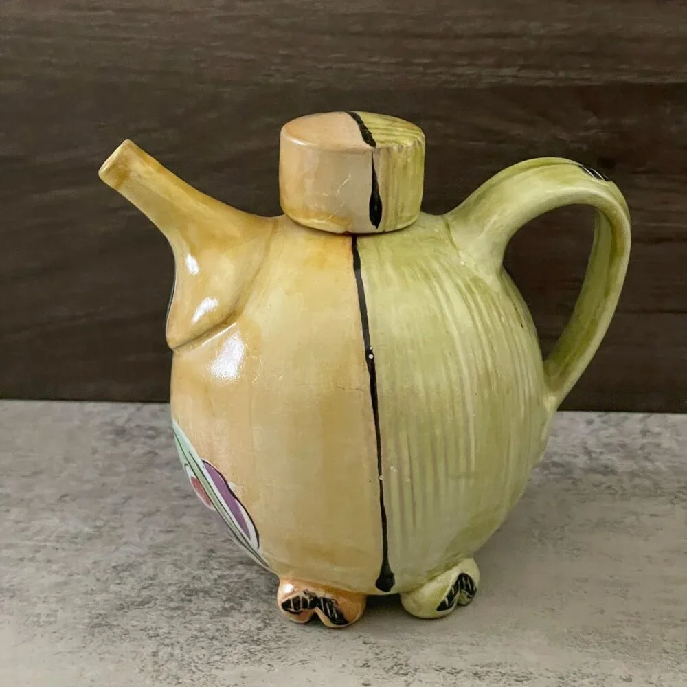 Posey Bacopoulos Studio Art Pottery Whimsical Hand Painted Teapot Creamer Set